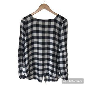 LOFT Black & White Buffalo Check Plaid Long Sleeve Blouse